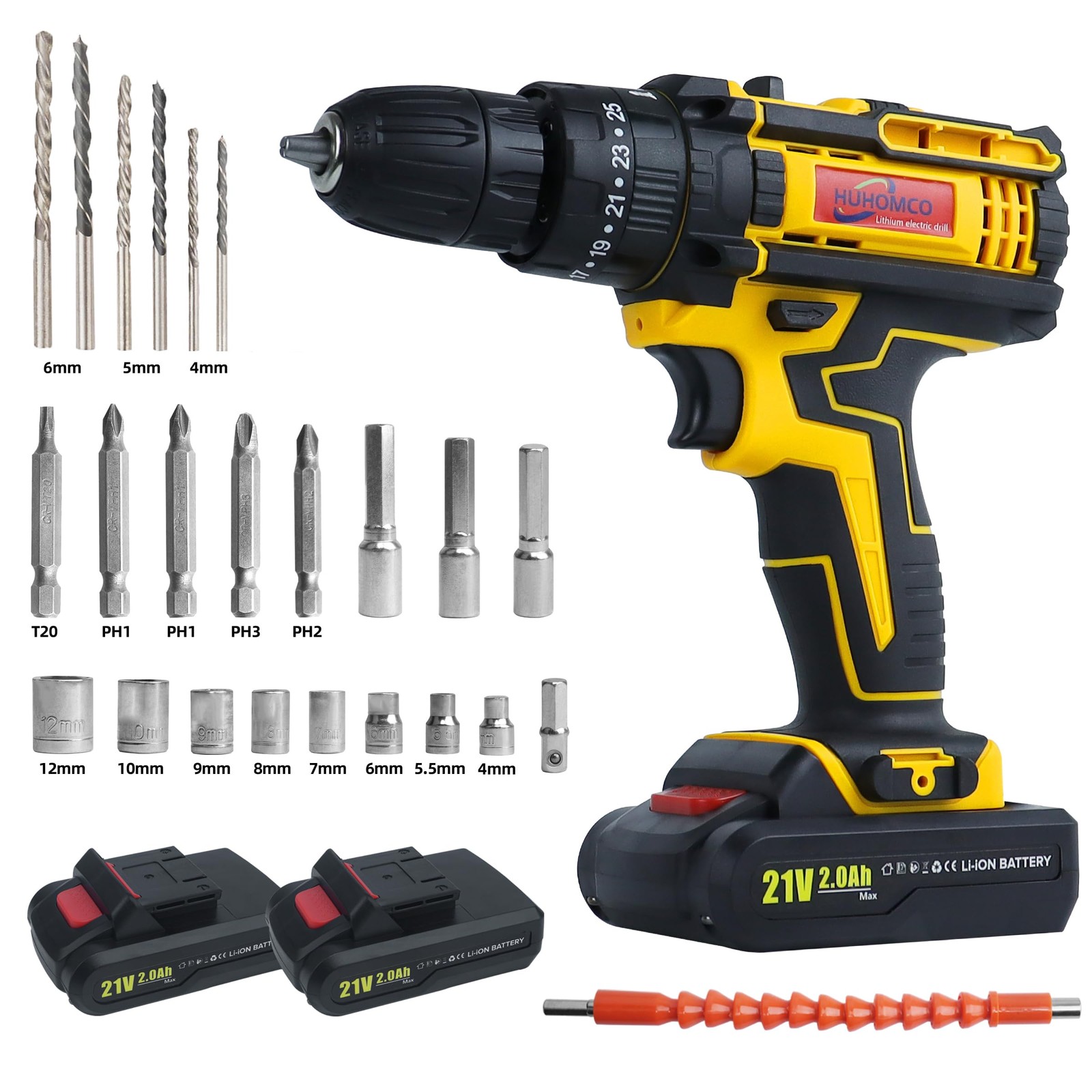 Cordless Drill Driver with 2 Battery, Huhomco 21V Power Drill 85Nm 25+3 Clutch,