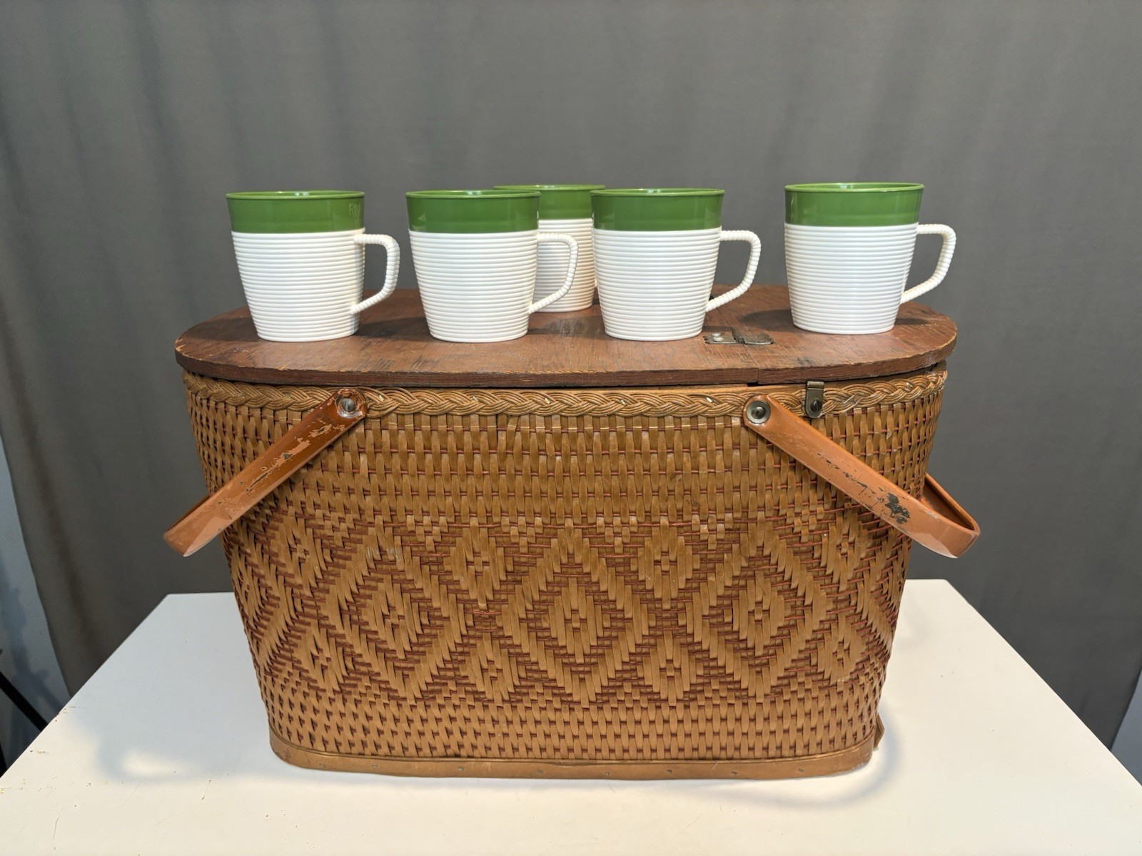 Vintage RED MAN Large Wicker Picnic Basket WITH Cups MCM 20" x 12.5" x 12"