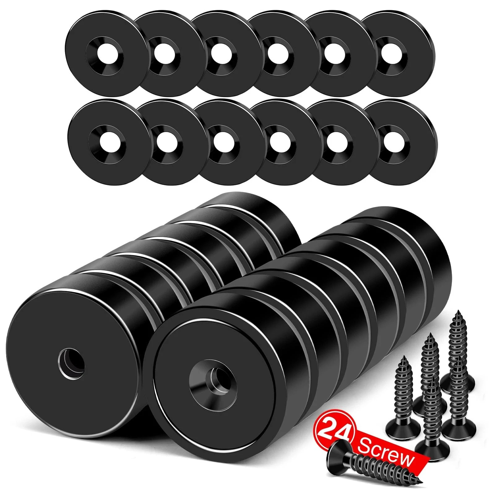 12pc Magnets 40lbs Strong Black Neodymium Round Countersunk Hole W/ Screws 0.22"