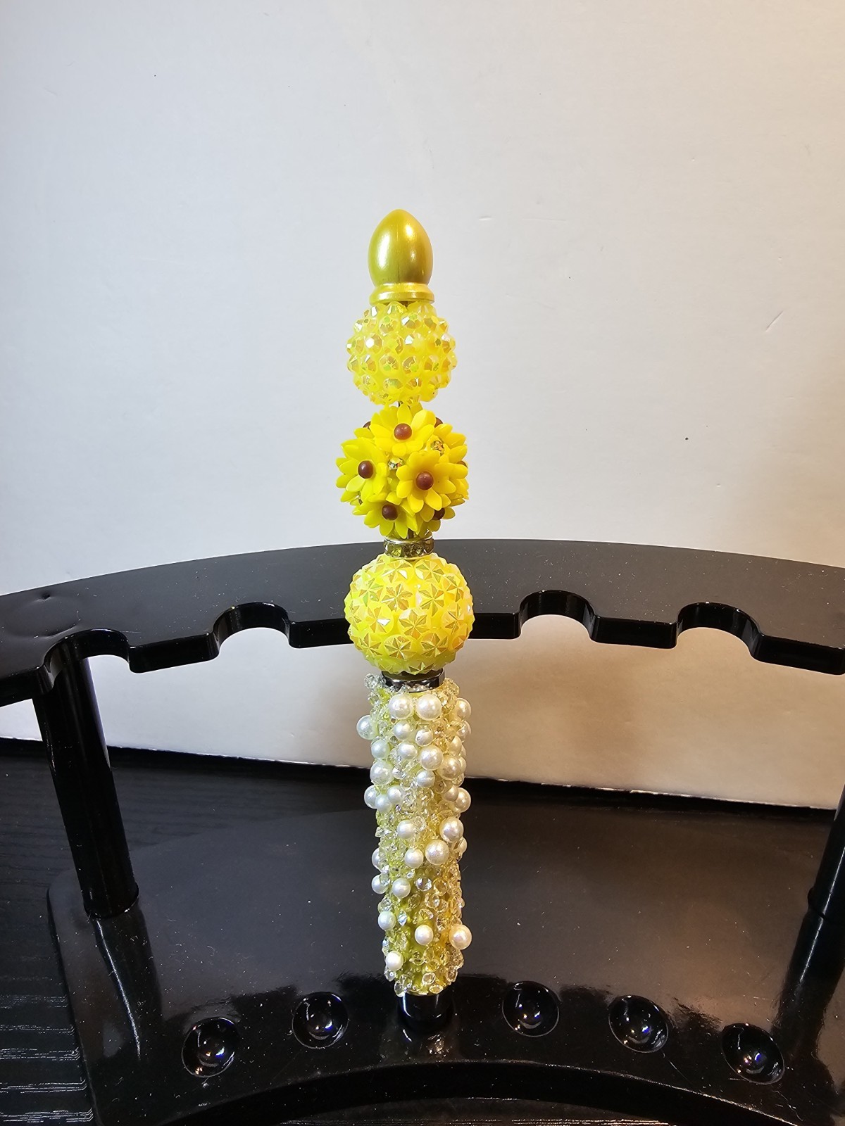 Handcrafted Rhinestone Acrylic Beaded Stylus Sparkly Bling Yellow Floral Beads
