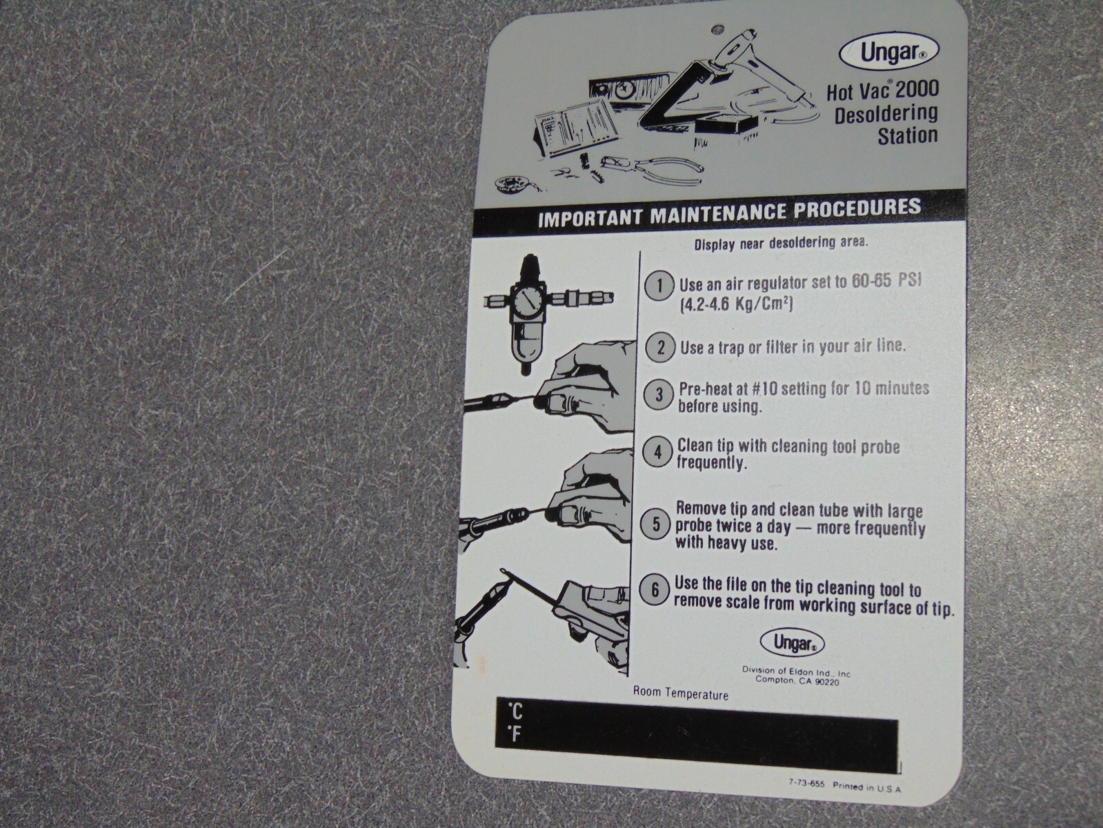 New Old Stock Ungar Hot Vac 2000 Important Maintenance Procedures Card