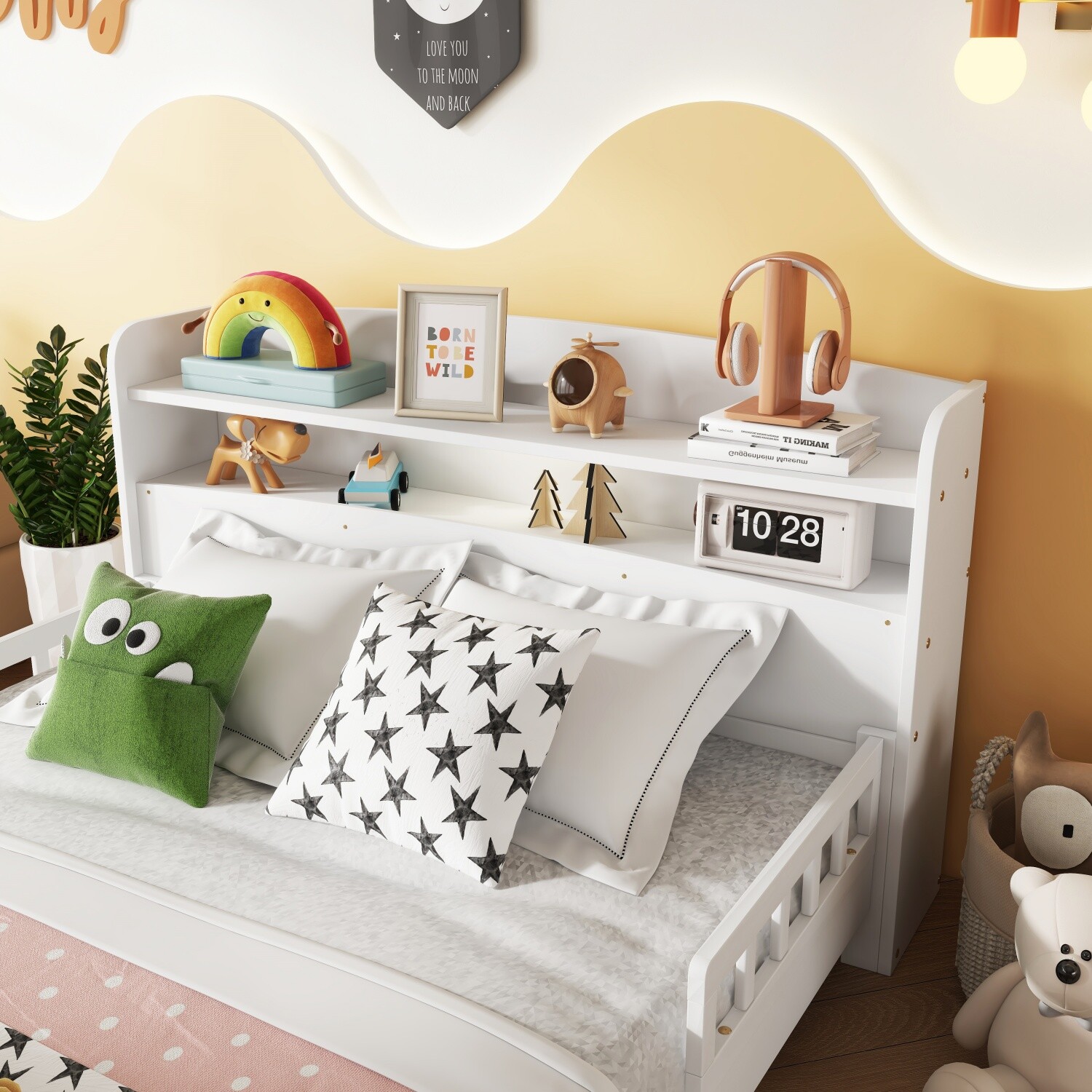 Full Size Bed Frame Wood Platform Bed Frame w/ Storage Headboard & LED Light