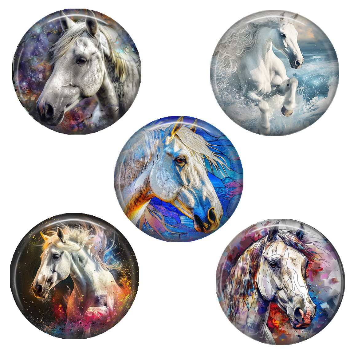 SET OF 5 Horse Lover Gift Magnets White Horse Jumping Equestrian Digital Art