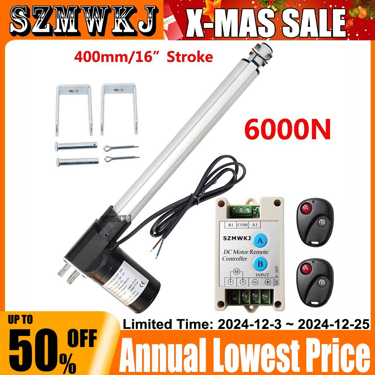 6000N 16" Linear Actuator 1320lbs DC Motor + Brackets + Controller Auto Car Lift