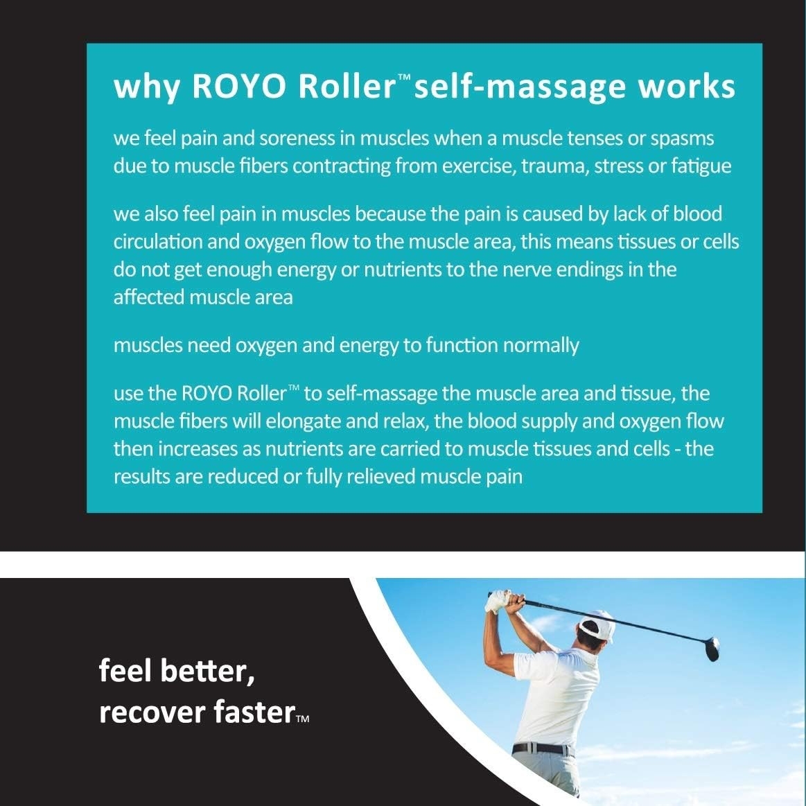 ROYO Foam Roller - 15 In. Adjustable Length, Medium Density Deep Tissue Massager
