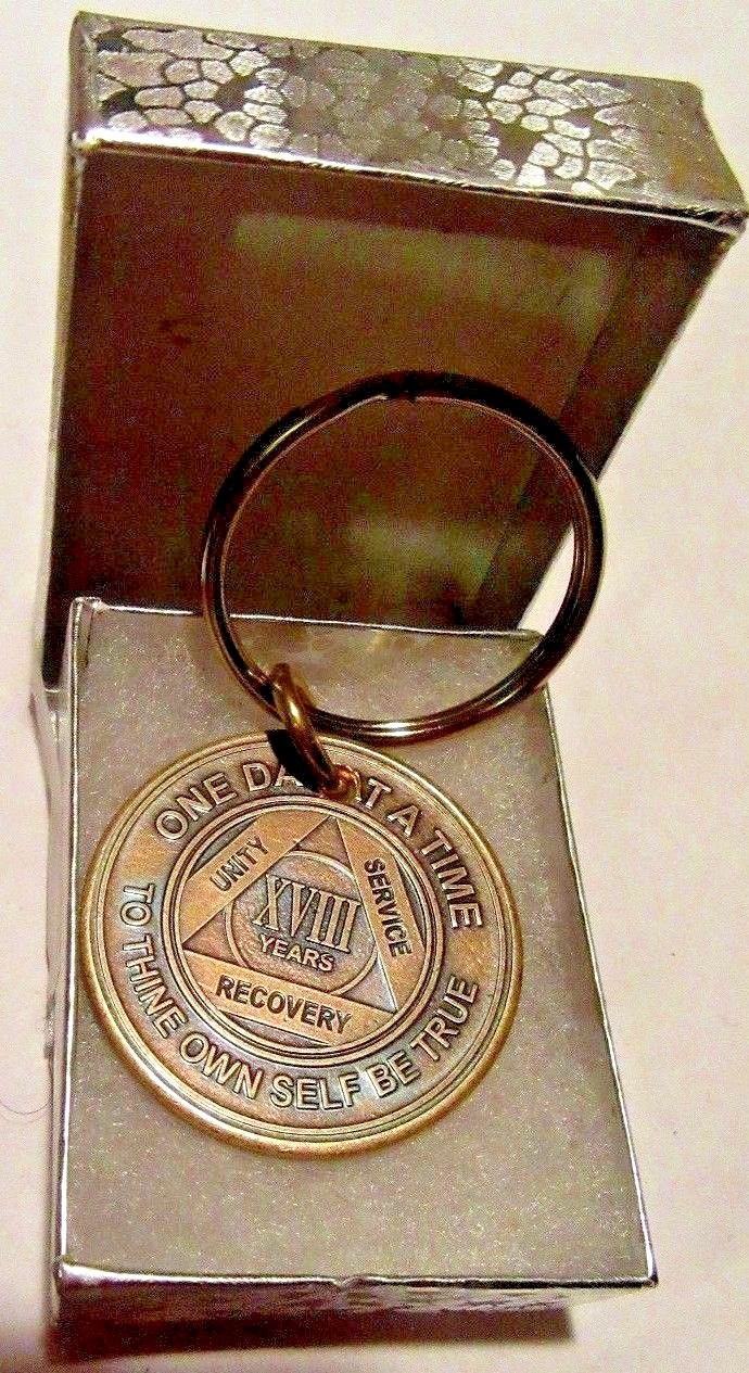 Alcoholics Anonymous AA 18 Year Bronze Keychain Medallion Token Coin Chip Sober
