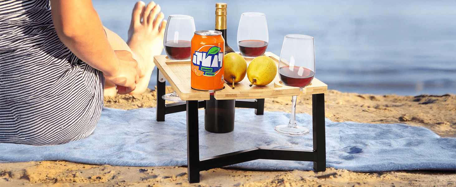 Portable Wine Picnic Table with Glass Holder, Foldable Durable Picnic
