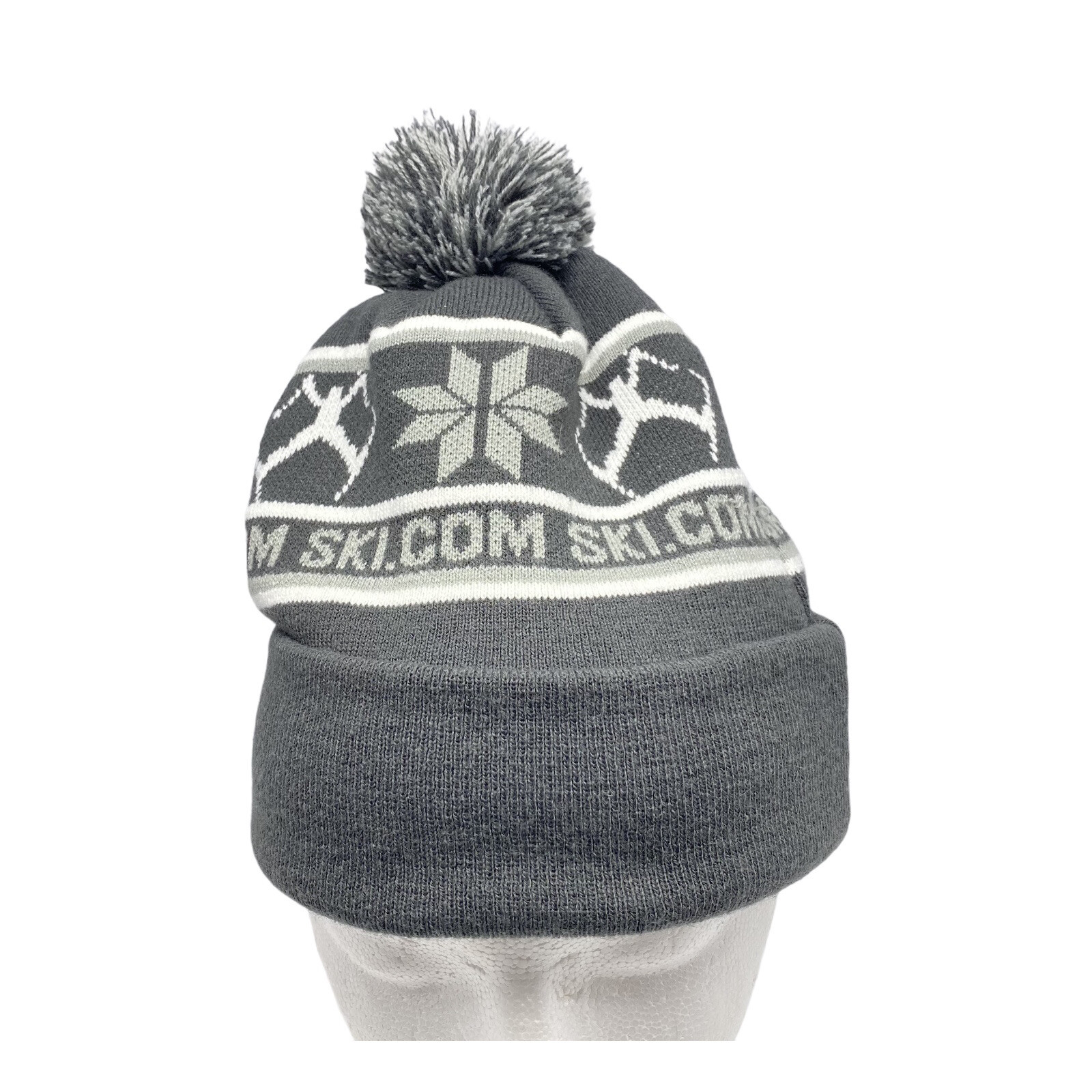 Ski Com Gray White Beanie Pom Pom Snow Ski Winter Hat Snowflakes Ski Jump