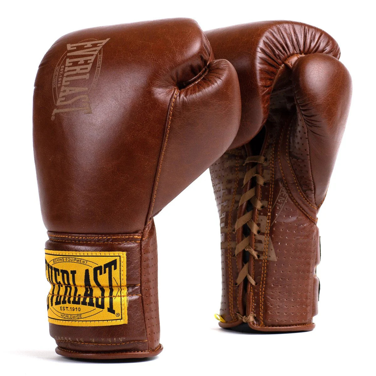 Everlast 1910 Premium Leather Laced Sparring Gloves Old School Boxing 12oz Brown
