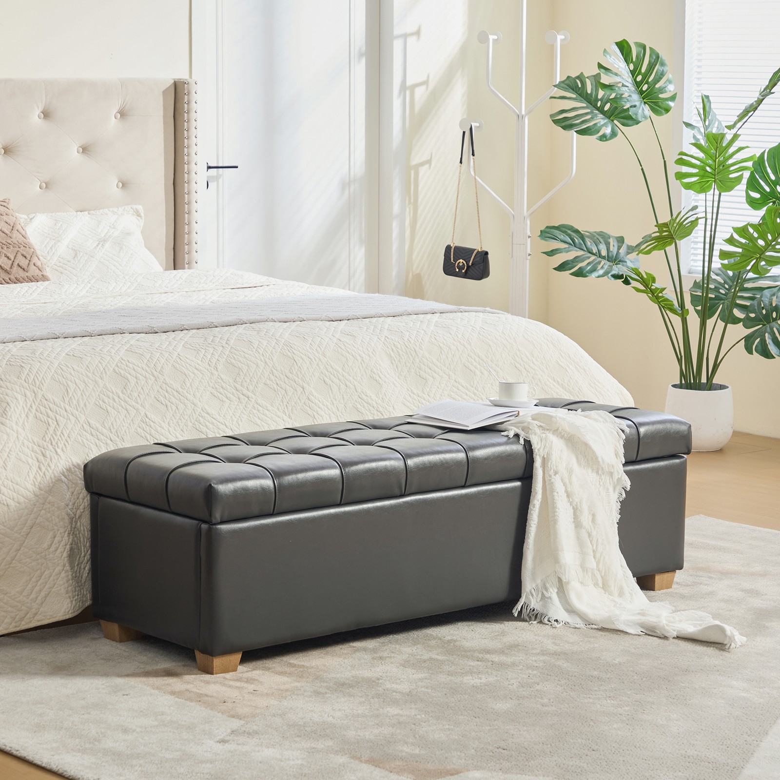 60.2" Gray PU Upholstered Storage Bench End of Bed Ottoman Bench For Living Room