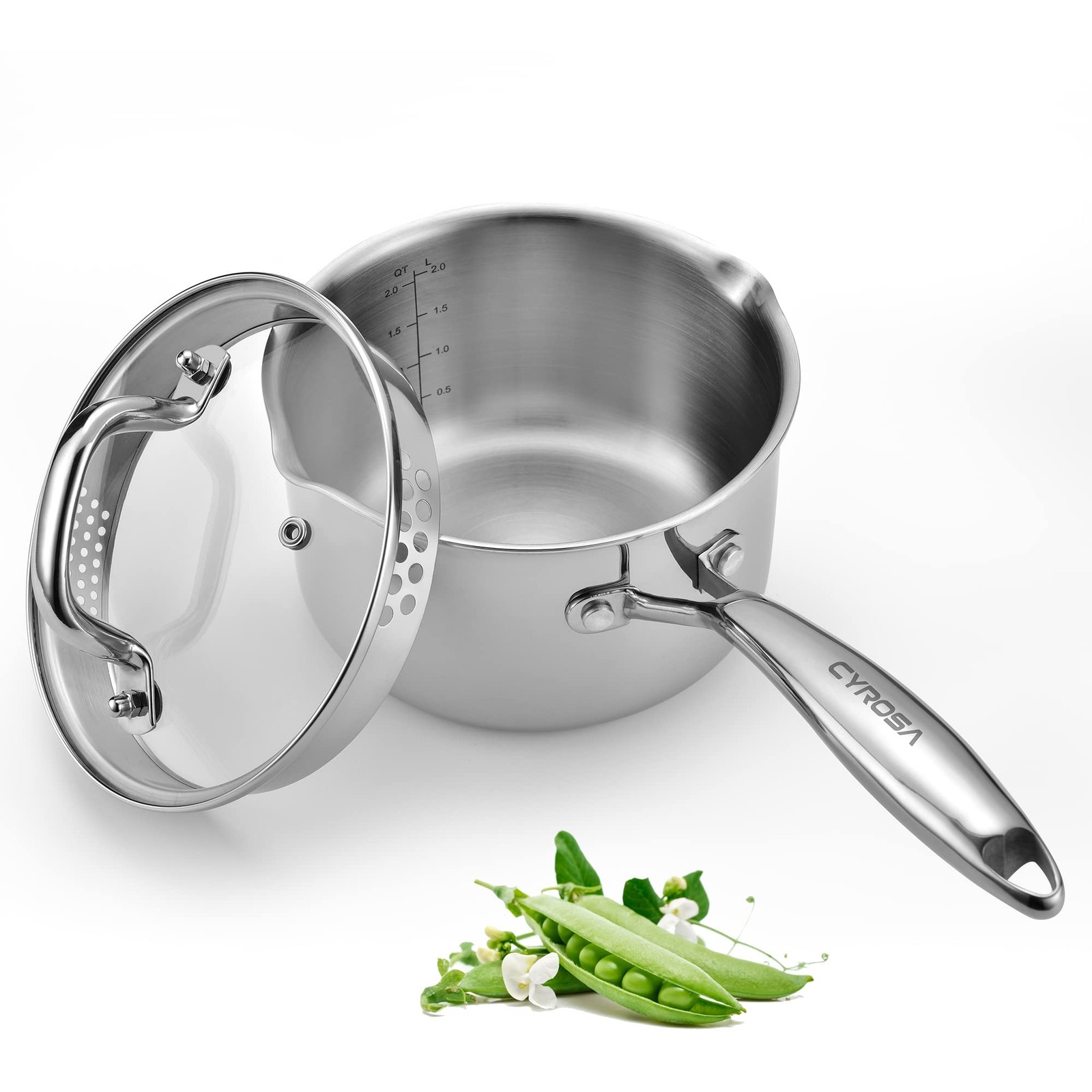 Stainless Steel Saucepan with Glass Lid, 2.0 Quart QT, Tri-Ply Full Body