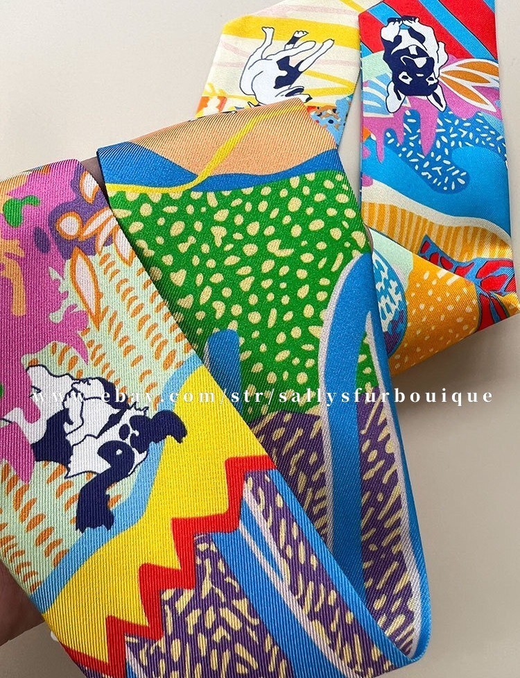 Sallys 18 Momme Twill Silk Scarf Ribbon Dogs Print Hair Bag Neck Tie 85*5cm