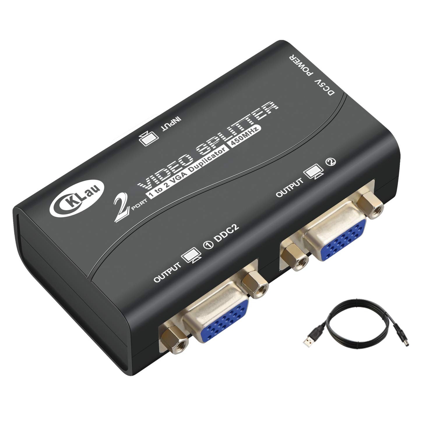 450MHz Bandwidth 2 Port VGA Splitter Amplifier Box 1 PC to 2 Monitors SVGA Vi...