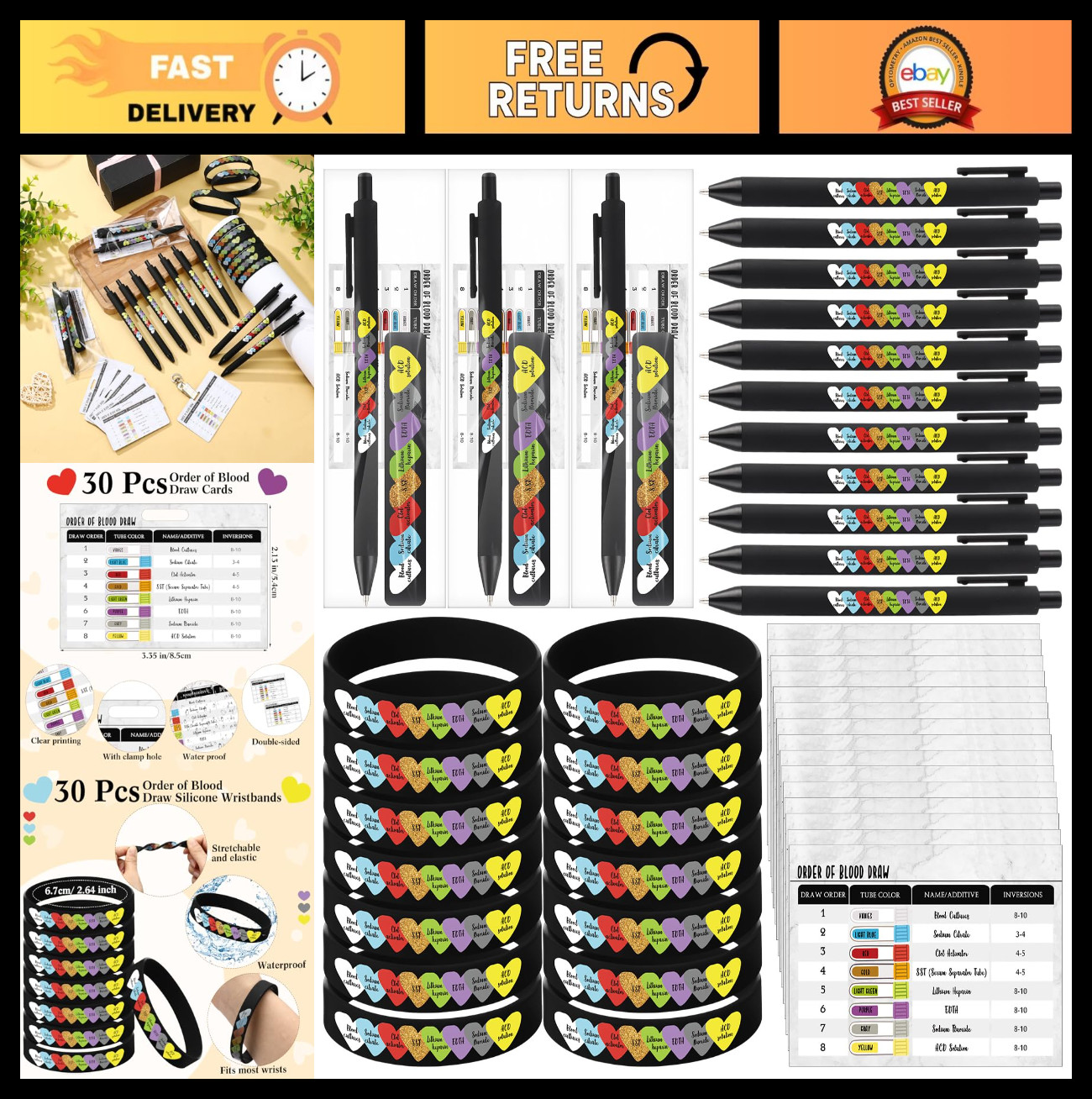 30 Sets Phlebotomy Gifts - Blood Draw Reference Cards, Silicone Bracelets & Pens