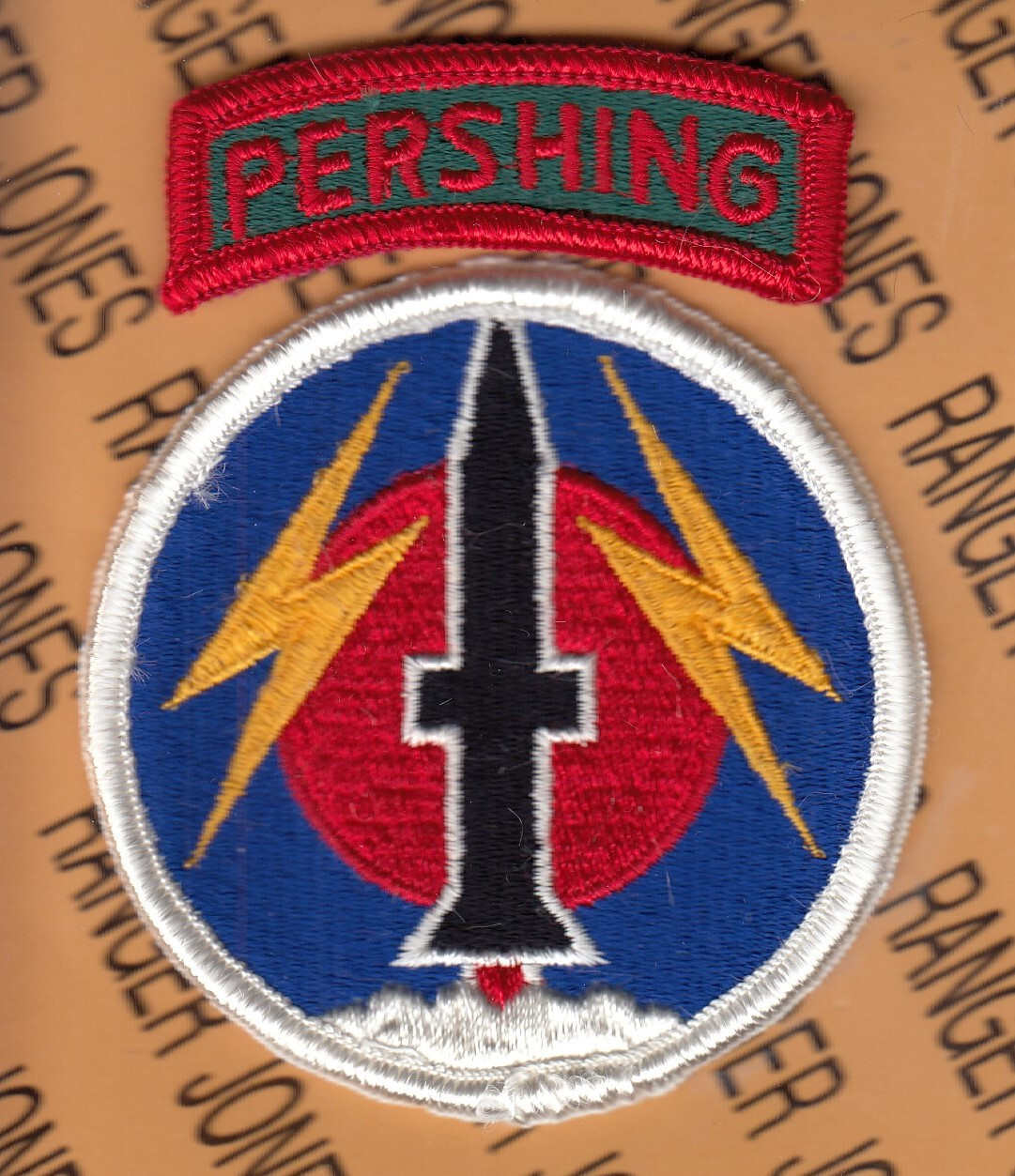 US Army 56th FA Field Artillery Bde. PERSHING uniform ~3.75" patch tab set m/e A