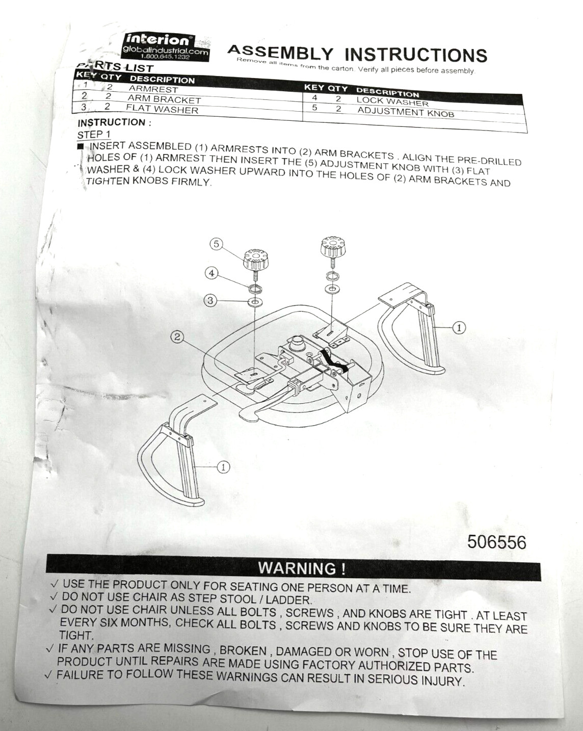 GLOBAL INDUSTRIAL INTERION LOOP ARMS BLACK 506556