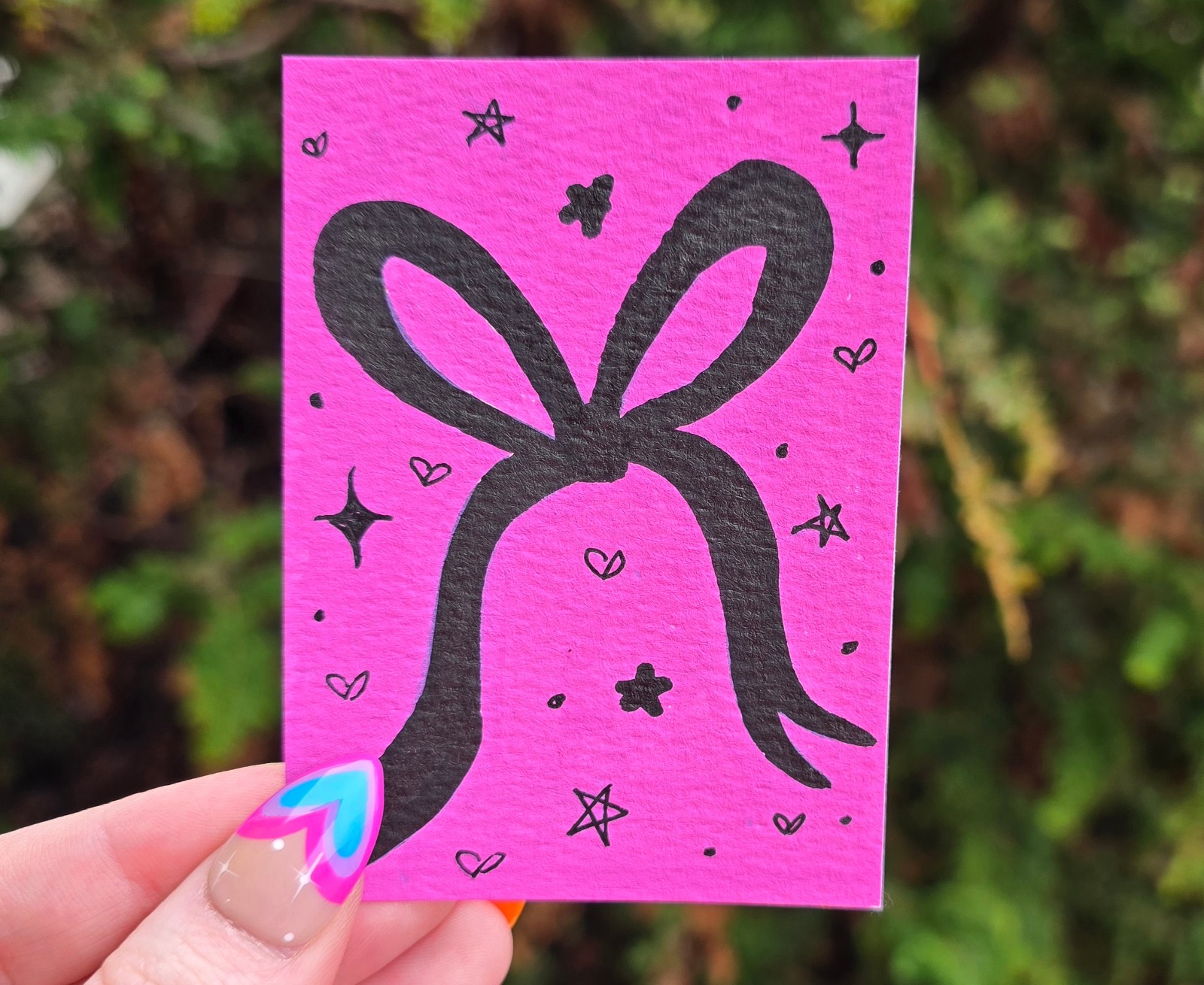 Original aceo whimsical, pink, bow, emo, witchy, alt, rock, black