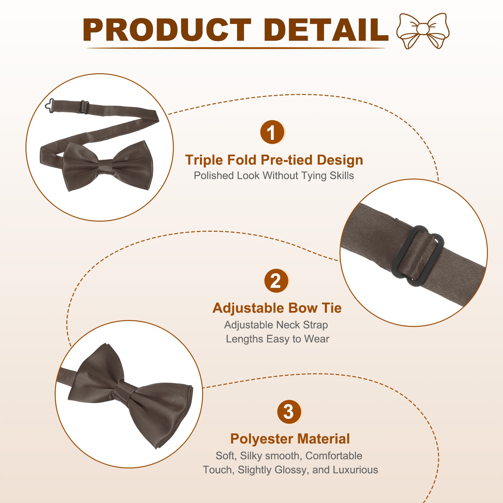 Bow Tie for Men, Adjustable Bow Ties with Pocket Square(Dark Coffee)