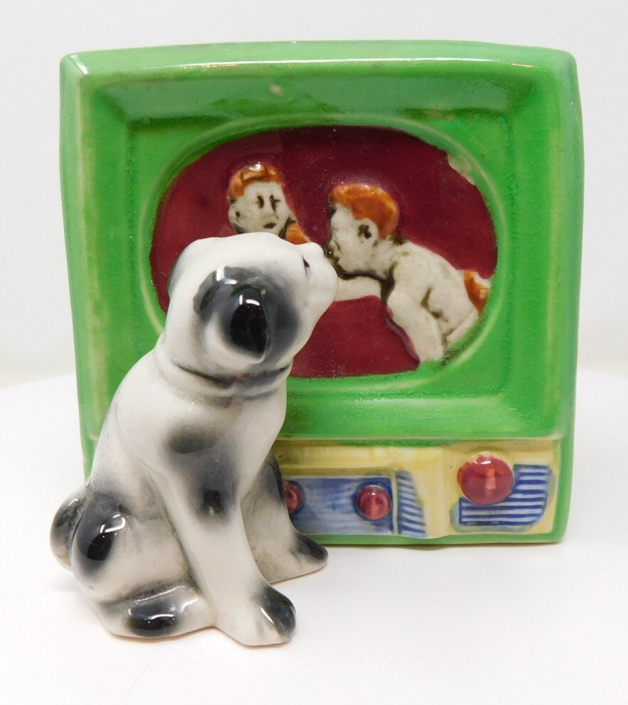 1960's Planter Dog Watches Television Boxing 4"T x 4.25"W x 4"L Hand Painted