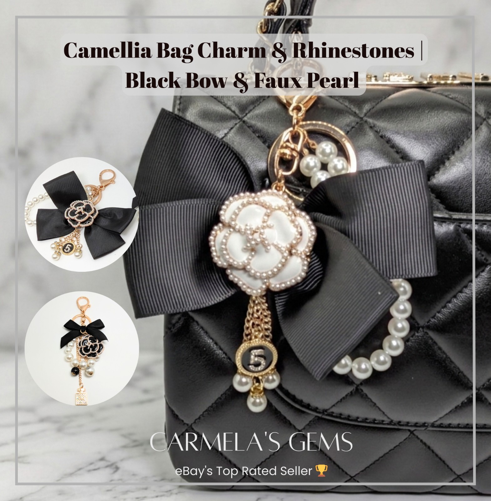 Camellia Bag Charm & Rhinestones - Black Bow & Faux Pearl
