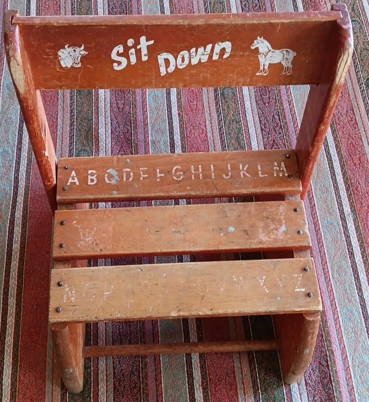 Vtg Children's Wooden Chair Step Stool Combo Sit Down and Stand Up 12"X11”X 14"