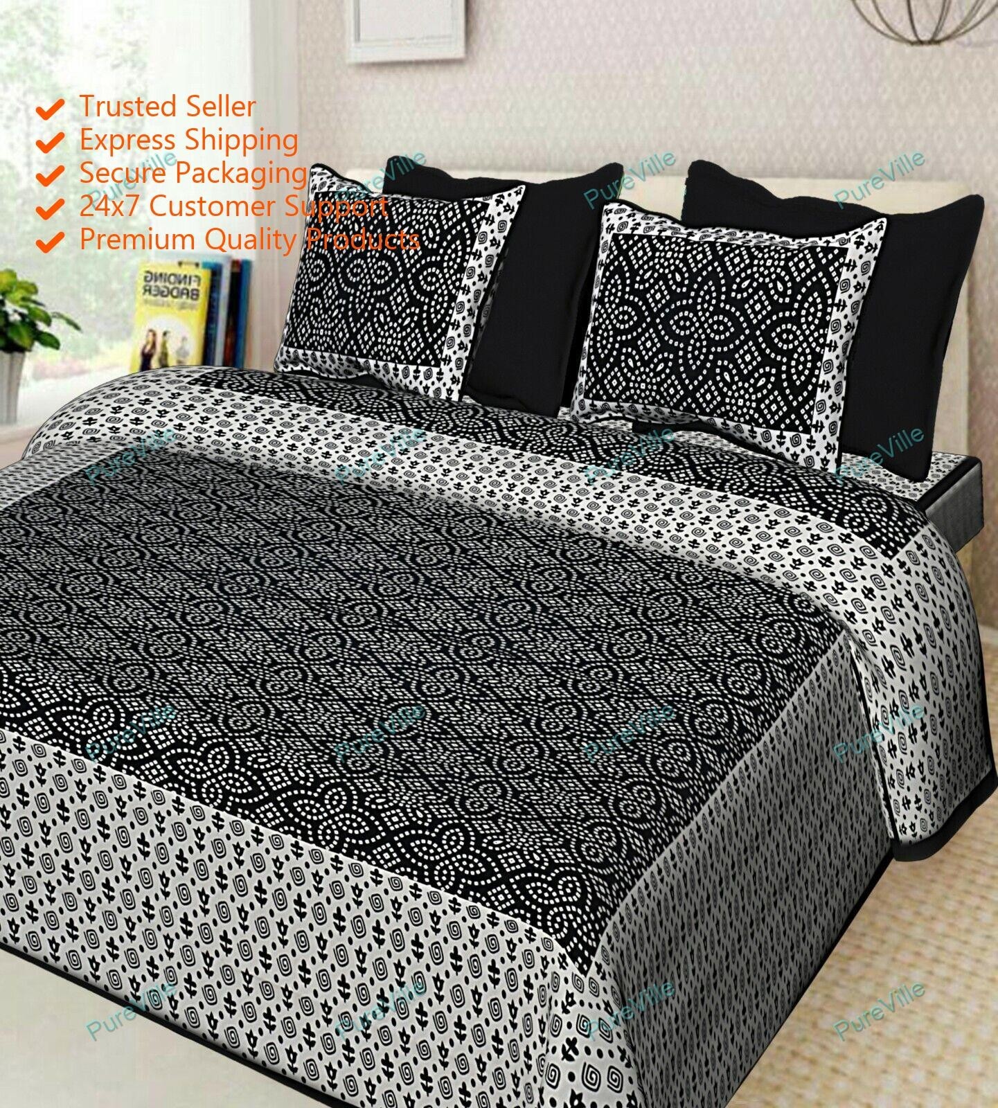 Attarctive Geometric Printed Cotton Double Bed Sheet With 2Pillow Cover 90x108