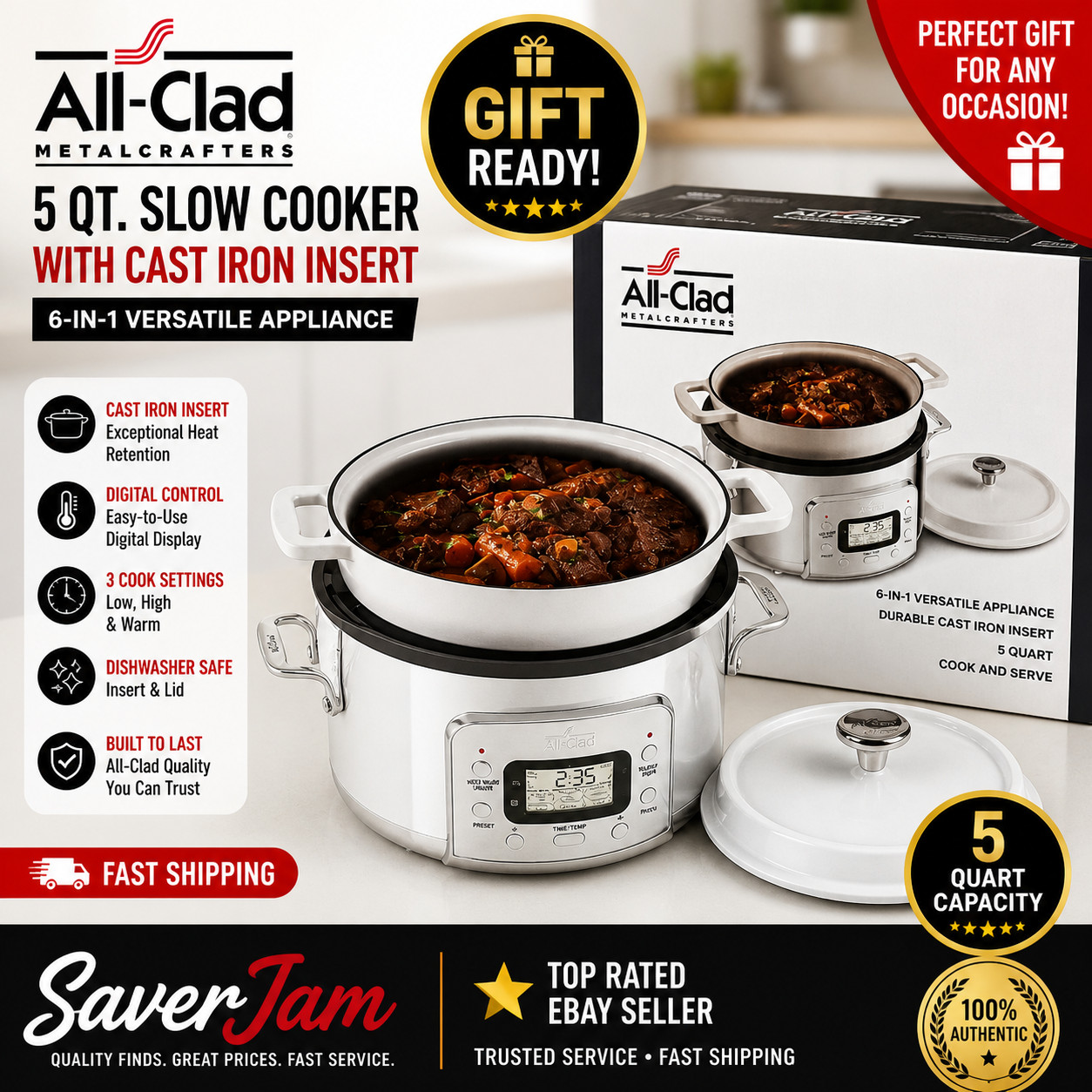 All-Clad 5Qt Slow Cooker Cast Iron Insert 6-in-1 Programmable MOD #SD9221U0 NEW