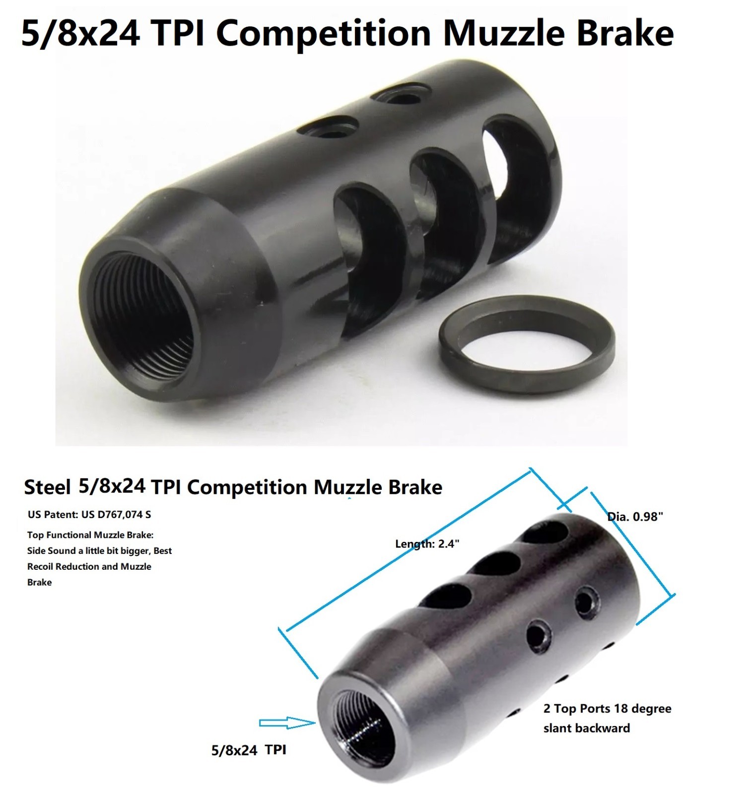Steel 5/8x24 5/8-24 TPI Competition Muzzle Brake For .308 .300 .350 3006 7.62mm