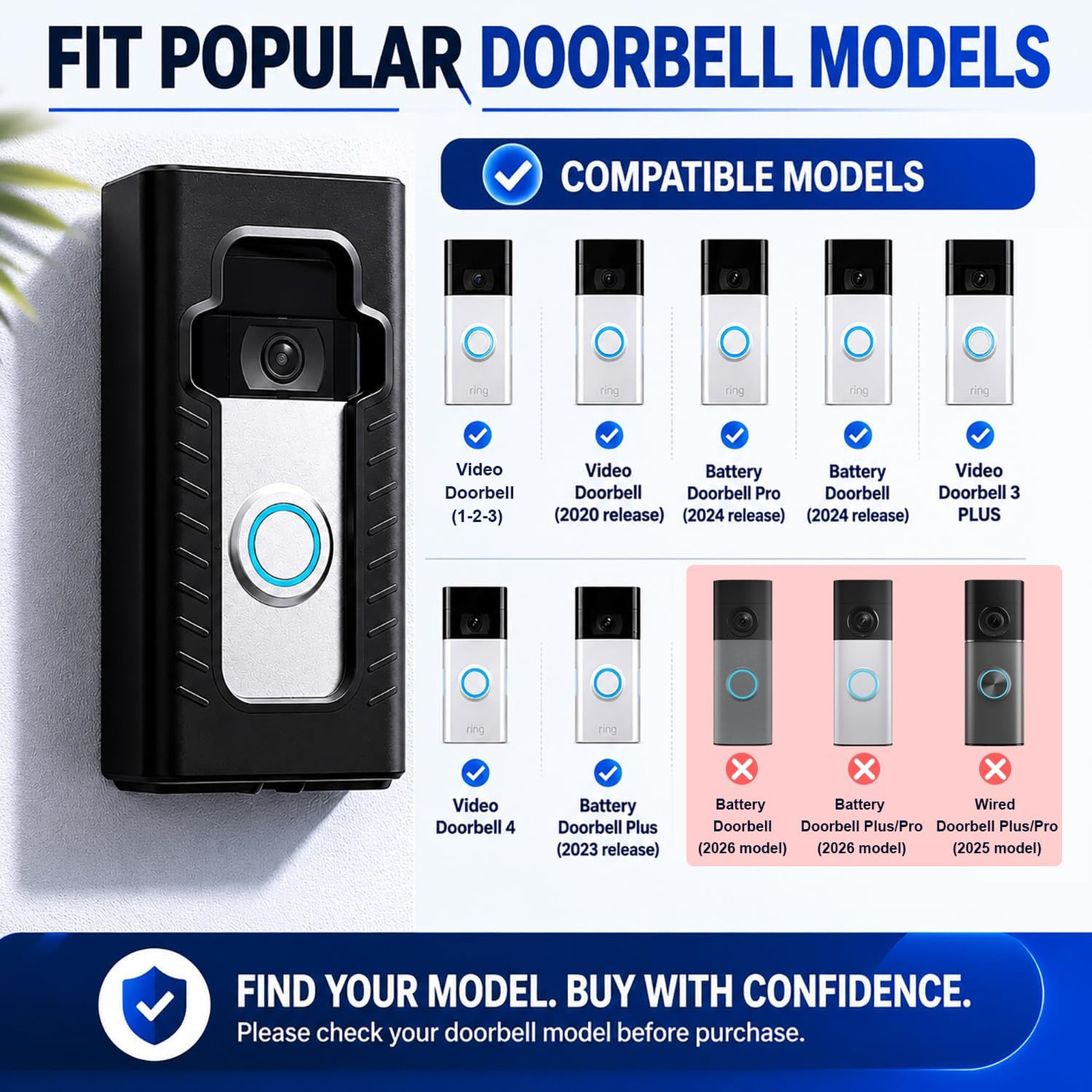 Adhesive Mount for Video Doorbell Full Coverage Protection Compatible with Ring