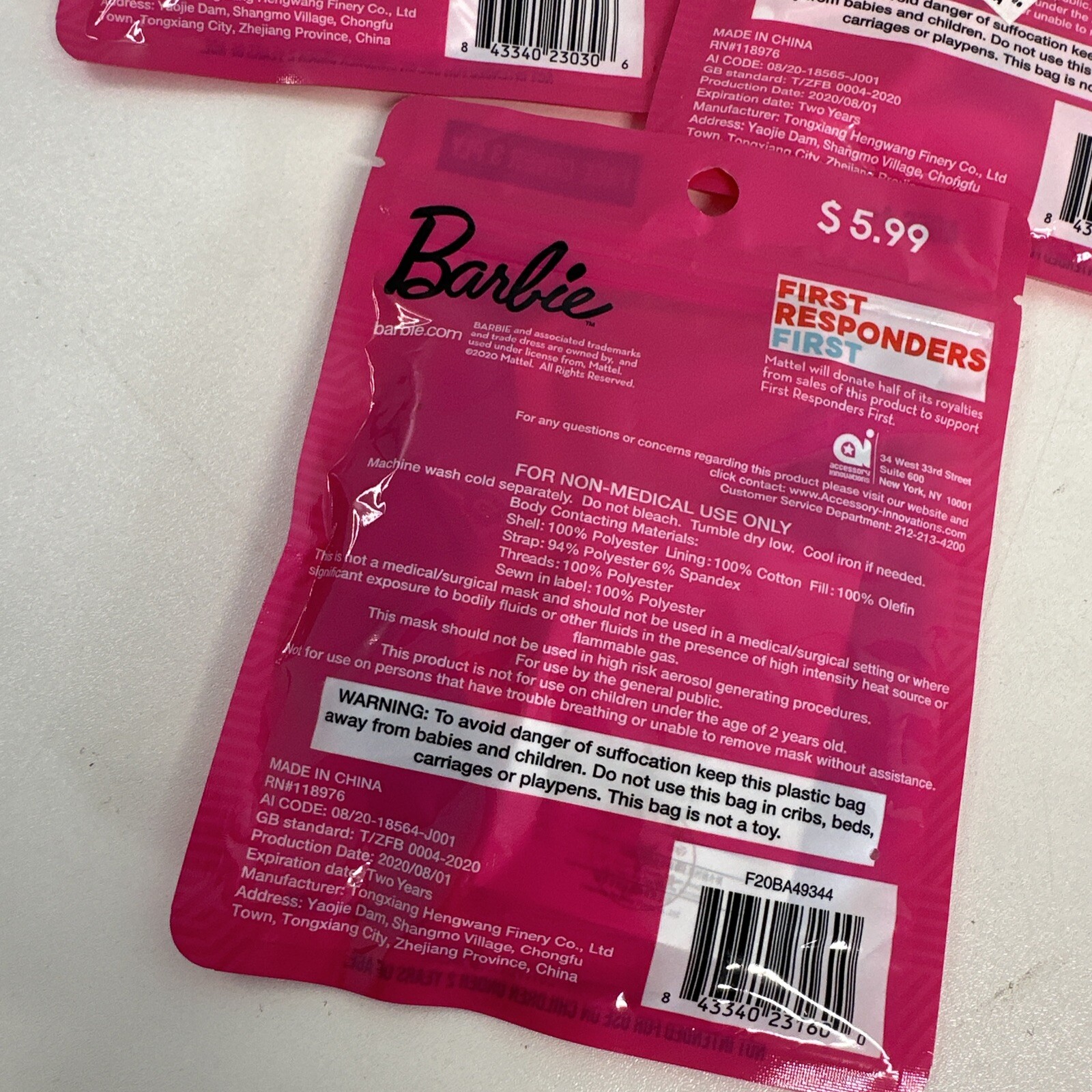 Barbie Ages 4+ Face Cover Washable Reusable 3-PACK Pink and blue