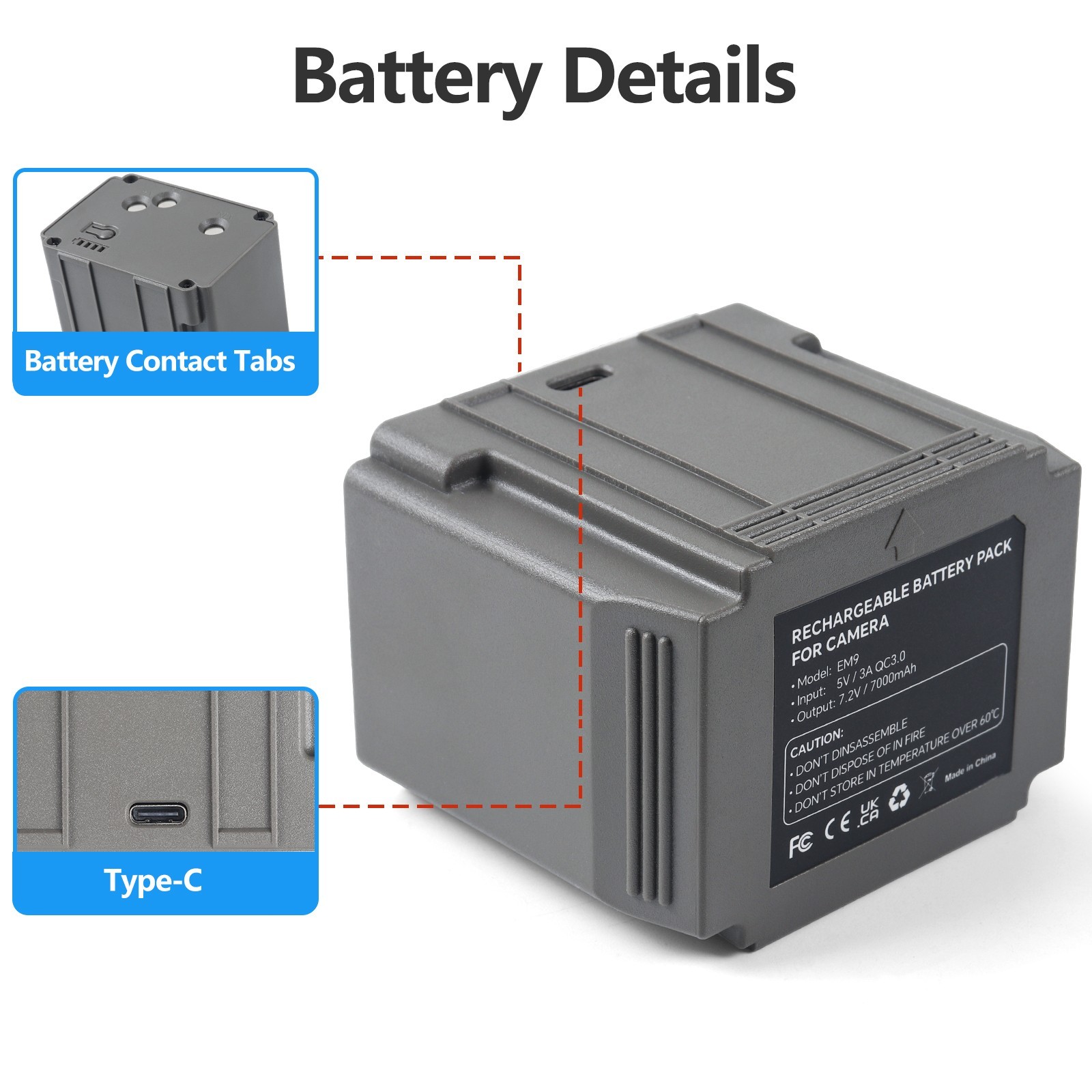 Battery EM9 for TACTACAM Defend Cellular Security Camera w/ USB Charging cable
