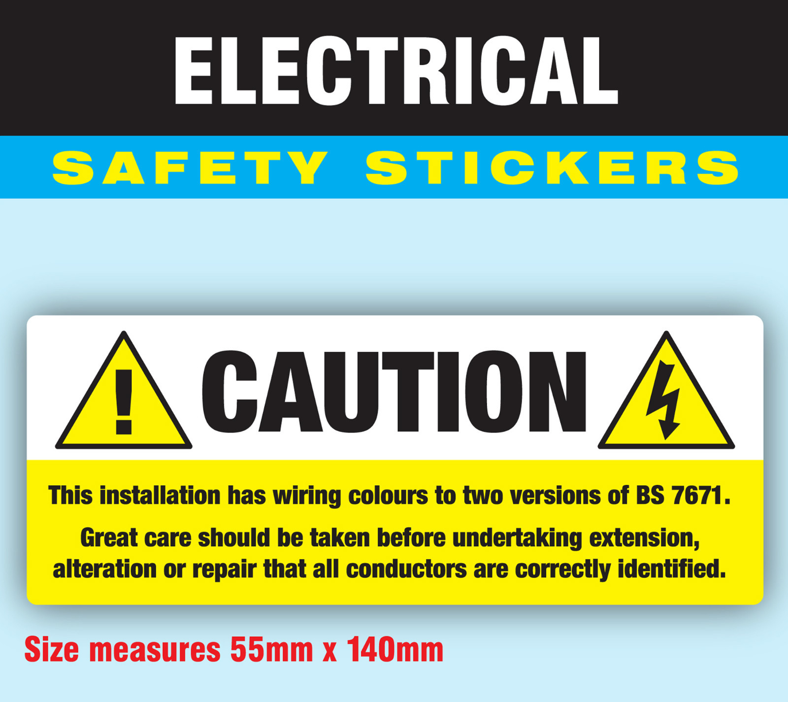Pack of 50 Caution BS 7671 Strong Electrical Safety Stickers Labels 55 x 140mm