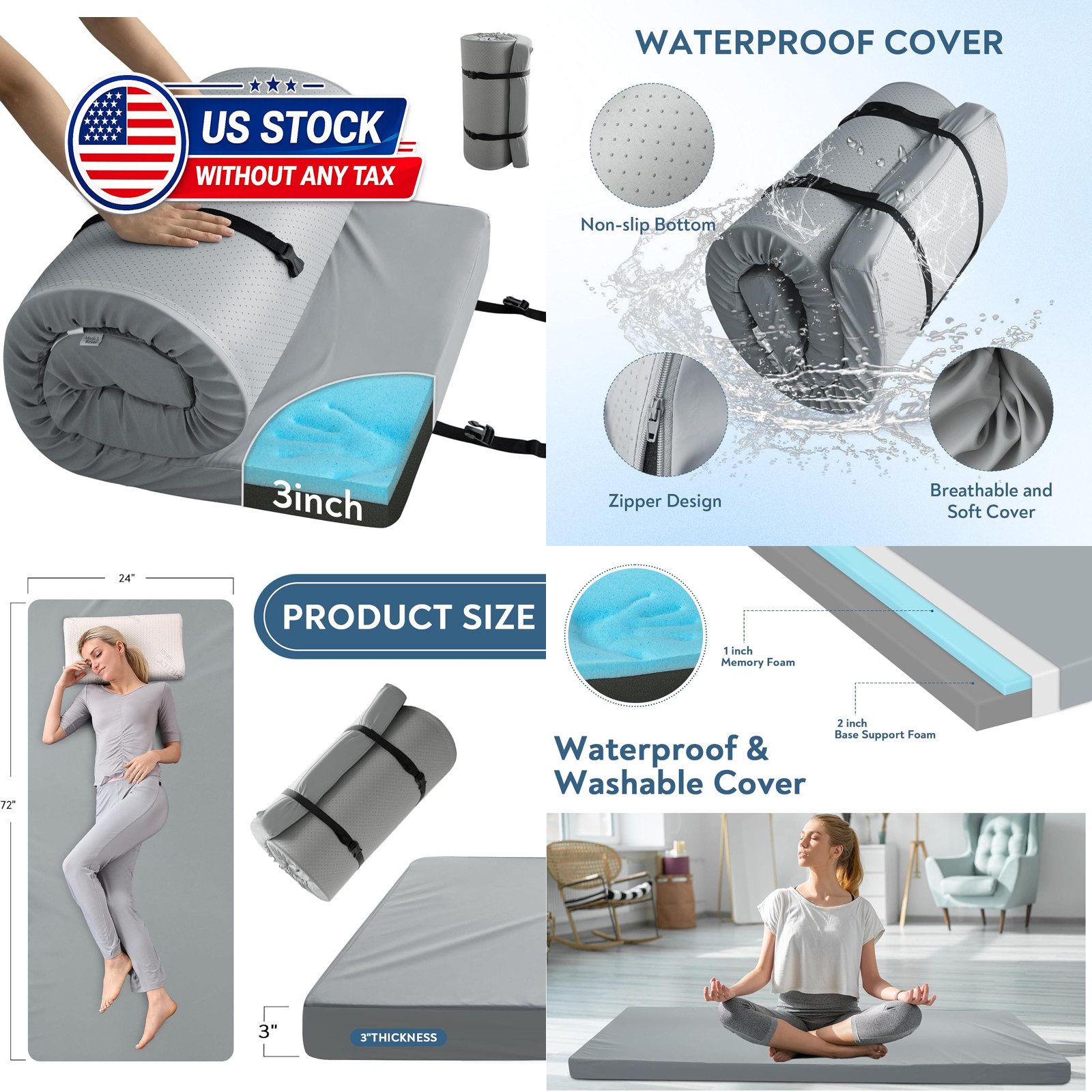 Memory Foam Camping Cot Pad, 3 Inch Sleeping Pad with Waterproof Cover