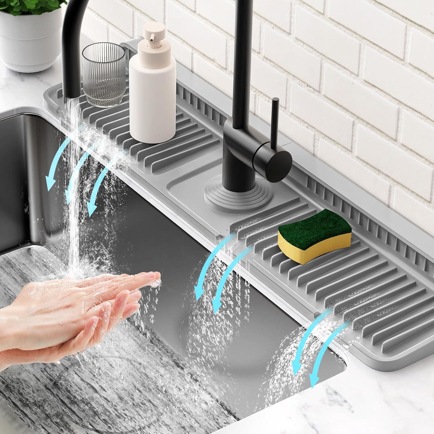 24'' Longer Faucet Mat for Kitchen Sink Splash Guard[7° Slope Fast Self-draining