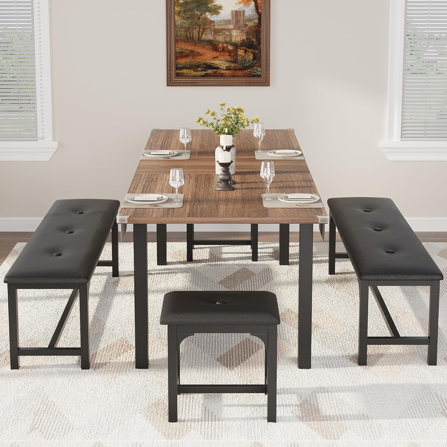 Extendable Dining Table Set 47"-63", 5 Piece with Upholstered Benches for 6-8