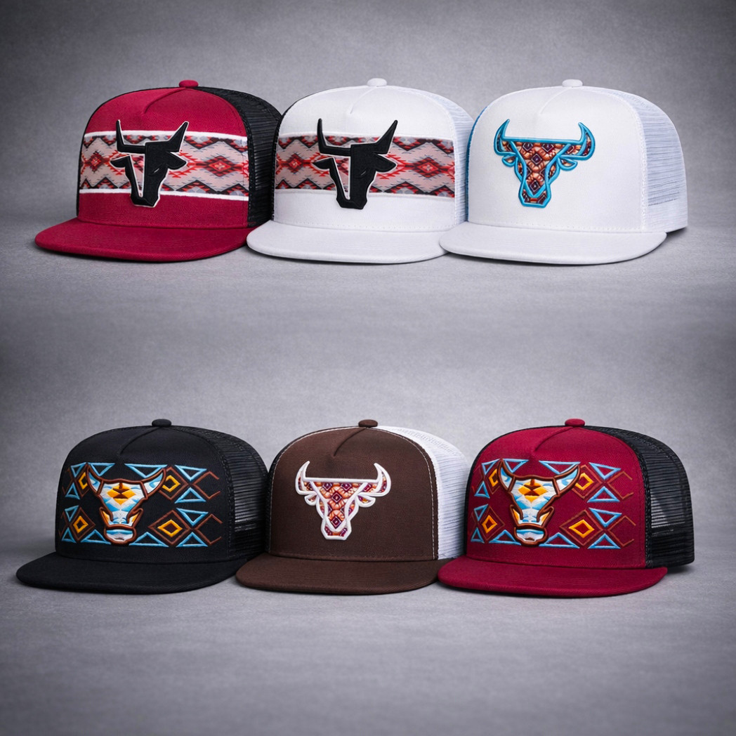 Embroidered Bull Logo Trucker Hat Native American Style Mesh Snapback Western Ca