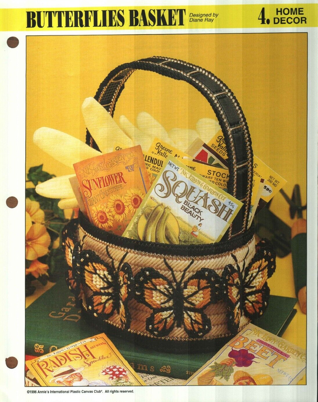 NEW BUTTERFLIES BASKET HOME DECOR ANNIE'S PLASTIC CANVAS PATTERN INSTRUCTIONS
