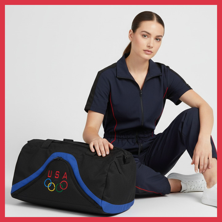 USA Olympic Rings Retro Duffel Bag Black Blue Travel Zipper Pocket Handles 18"