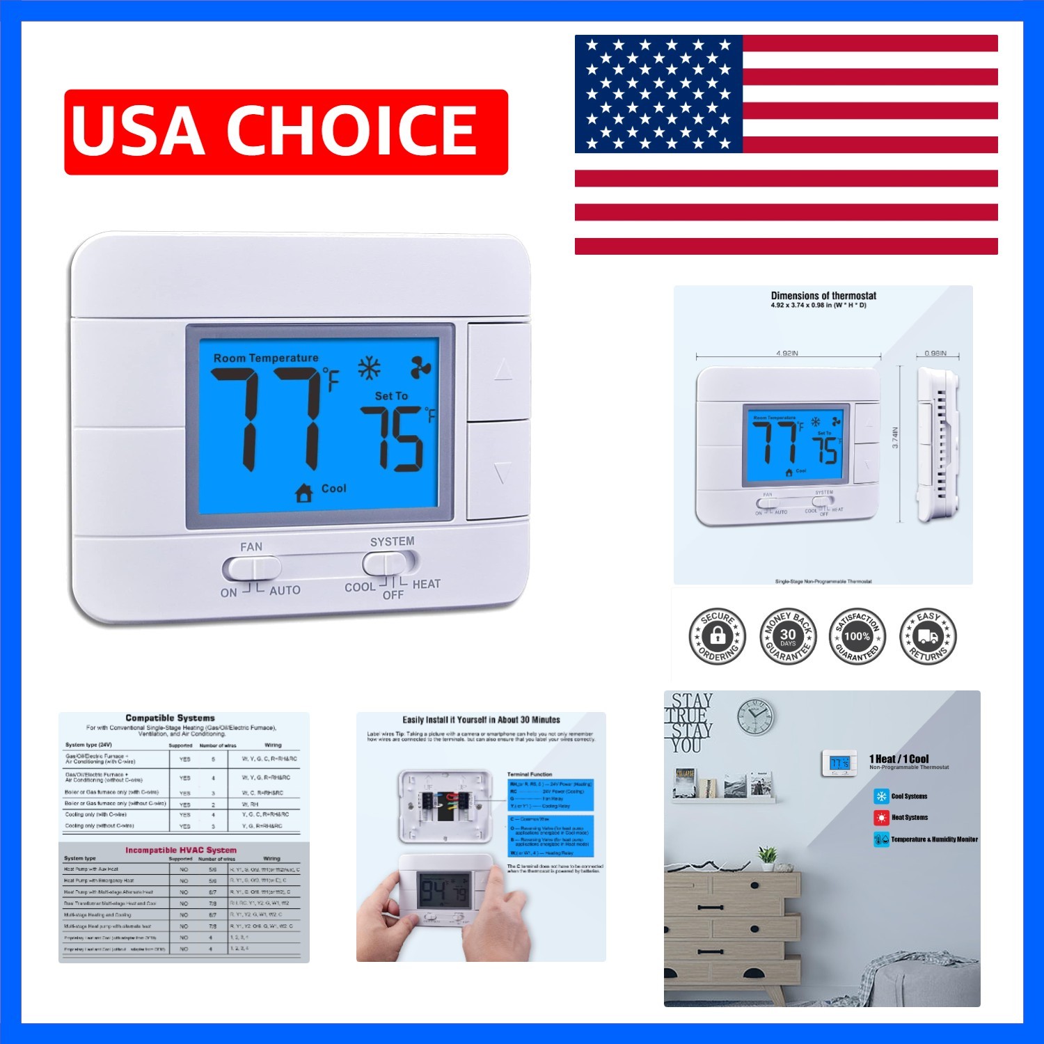 Upgraded Digital Non-Programmable Thermostat for Home 1 Heat/1 Cool Single St...