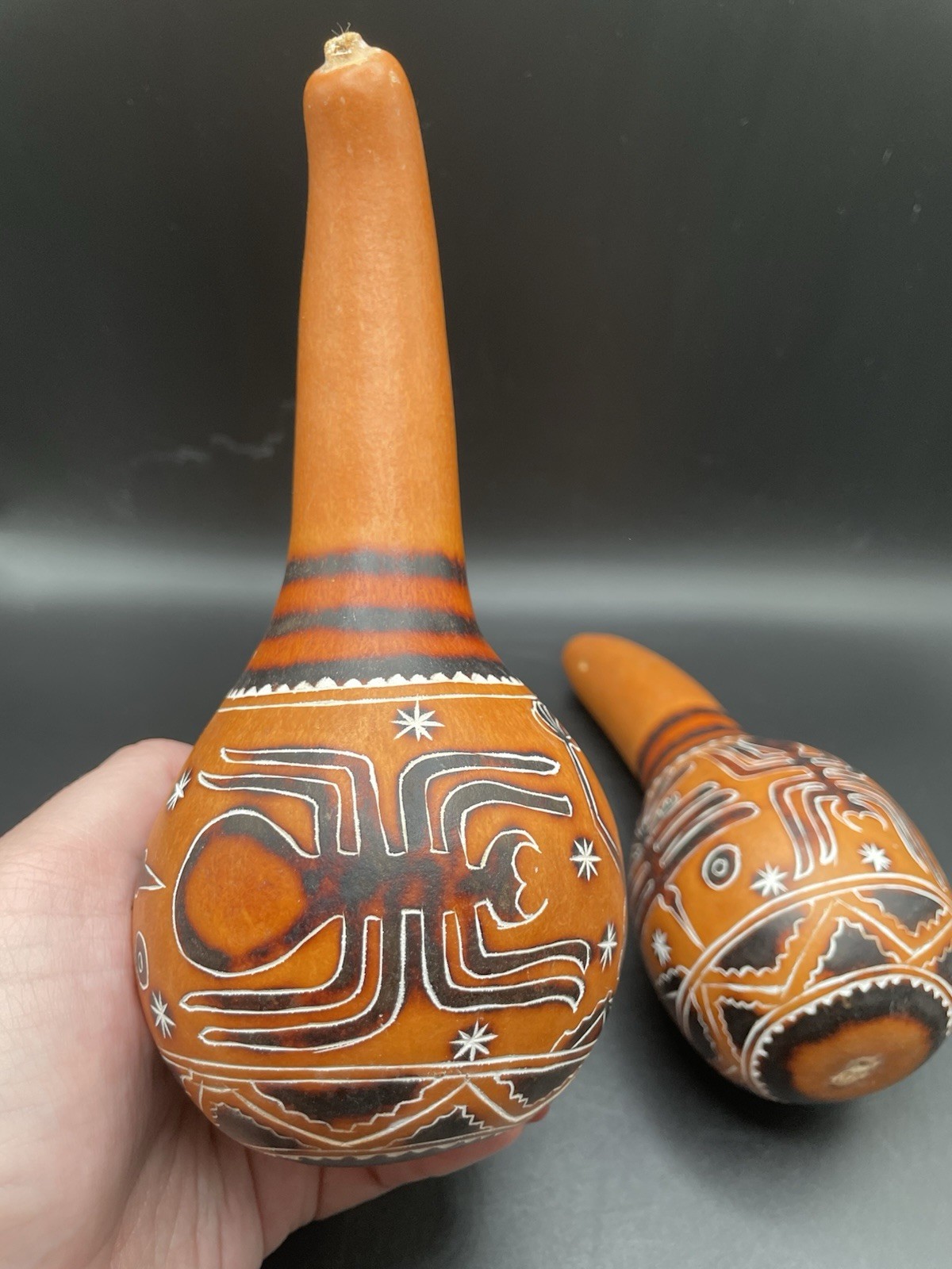 Vtg Set Of Peruvian Carved Gourds Rattles/Rain Sticks 7" Tall