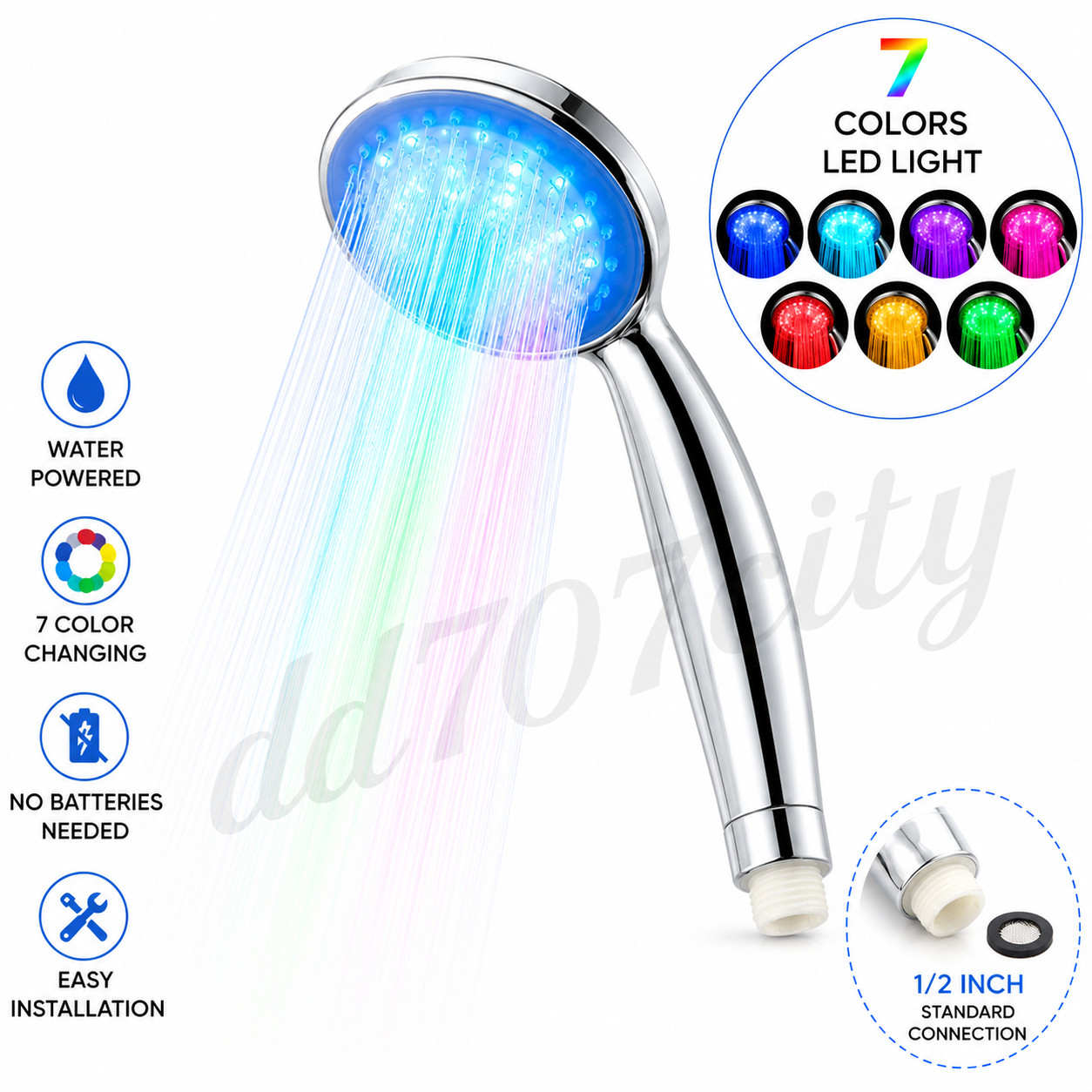LED Shower Head Handheld Water Powered 7 Color Changing Bathroom Shower Head
