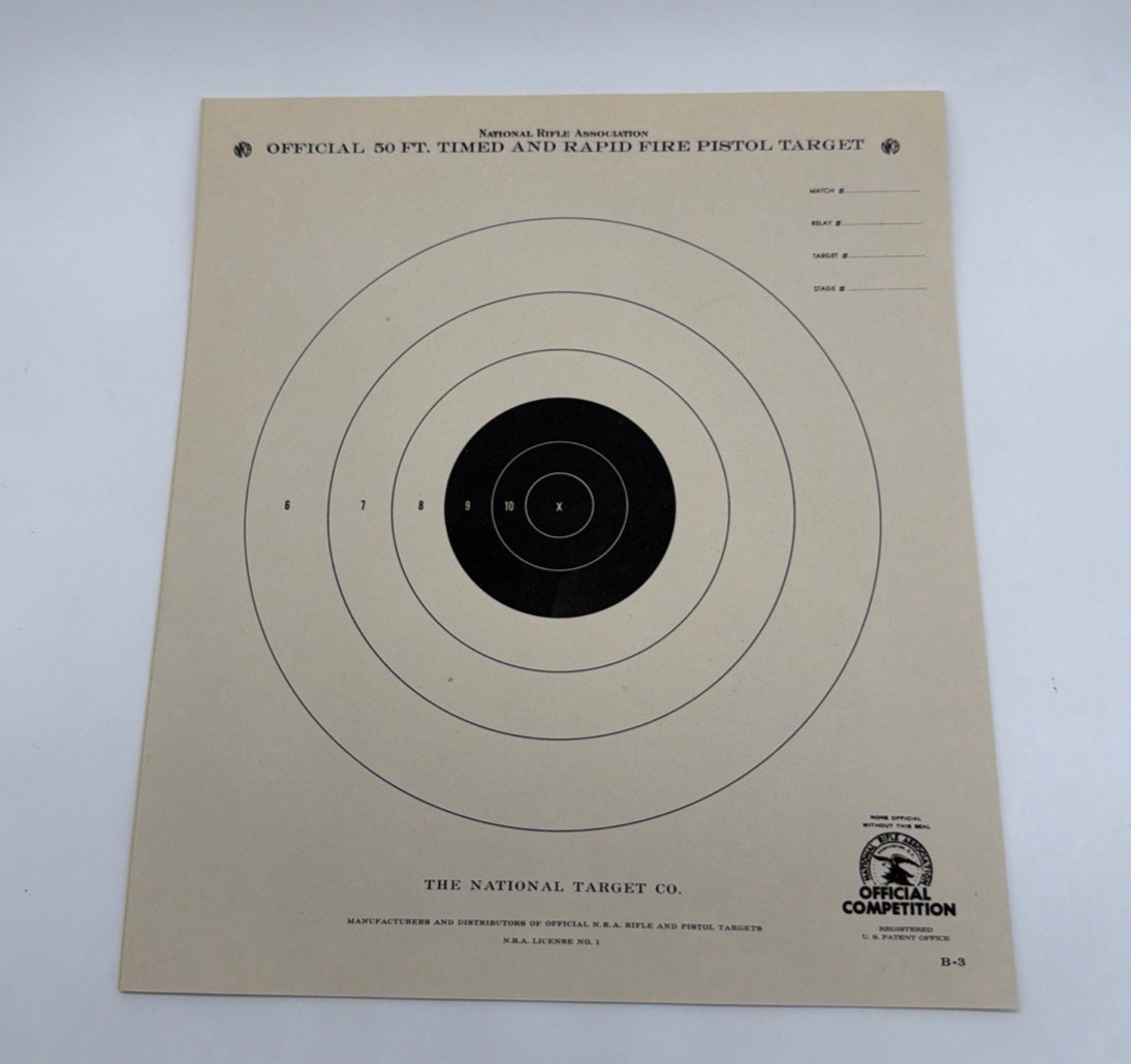 Vtg B-3 [B3] NRA Official 50 Foot Timed & Rapid Fire Pistol Target (53) Tagboard
