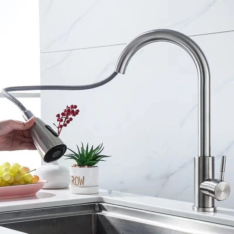 Kitchen Sink Faucet Brushed Nickel Single Handle Swivel Pull Down Sprayer Mixer