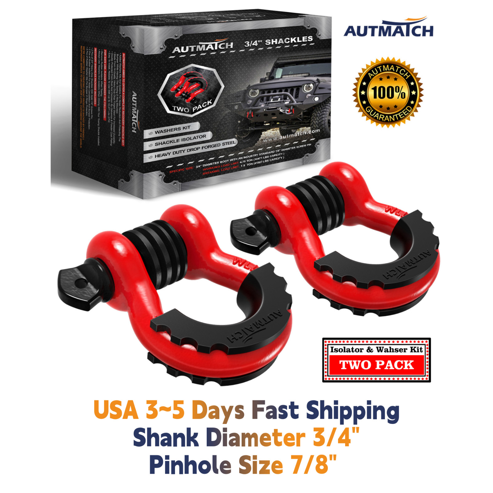 AUTMATCH D Ring Shackle 3/4" Shackle Heavy Duty Off Road Recovery Clevis Shackle