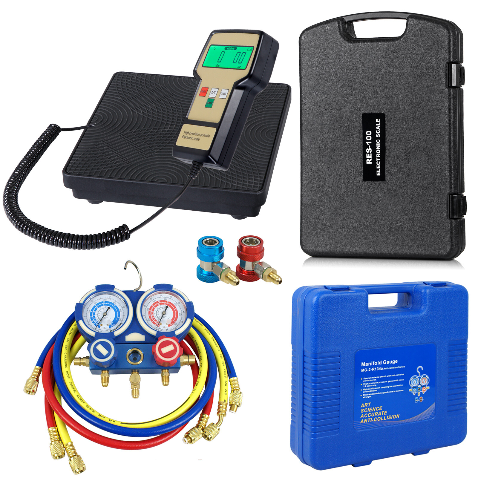 R410a Way Manifold Gauge Charging 5*3 w/ Case and Digital Refrigerant Scale Set