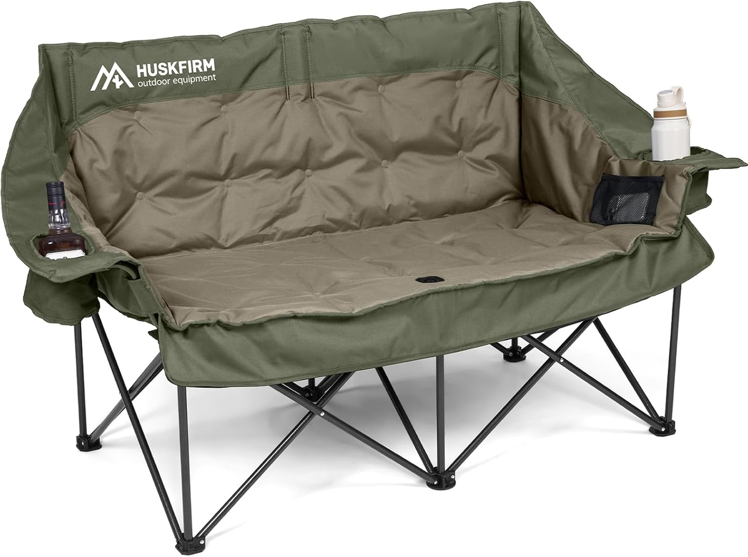 Oversized Folding Camping Loveseat Chair with Cup Holders and Pockets, Green