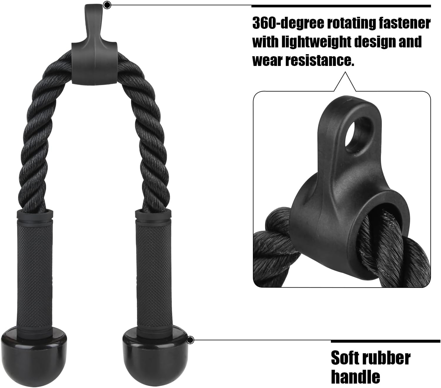 Tricep Rope Cable Attachment for Gym Rope Pull-Down Attachment with Rubber Handl