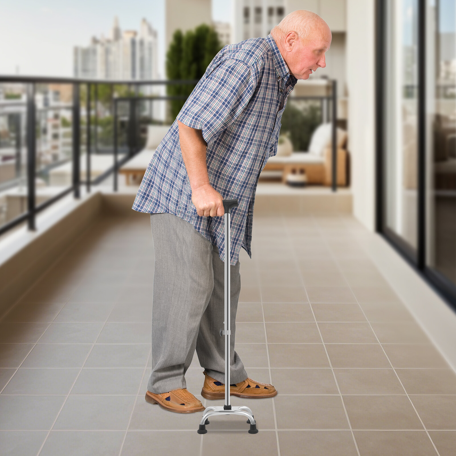Adjustable Walking Cane Stick Mobility Quad Four Prong Base Small Base Walker