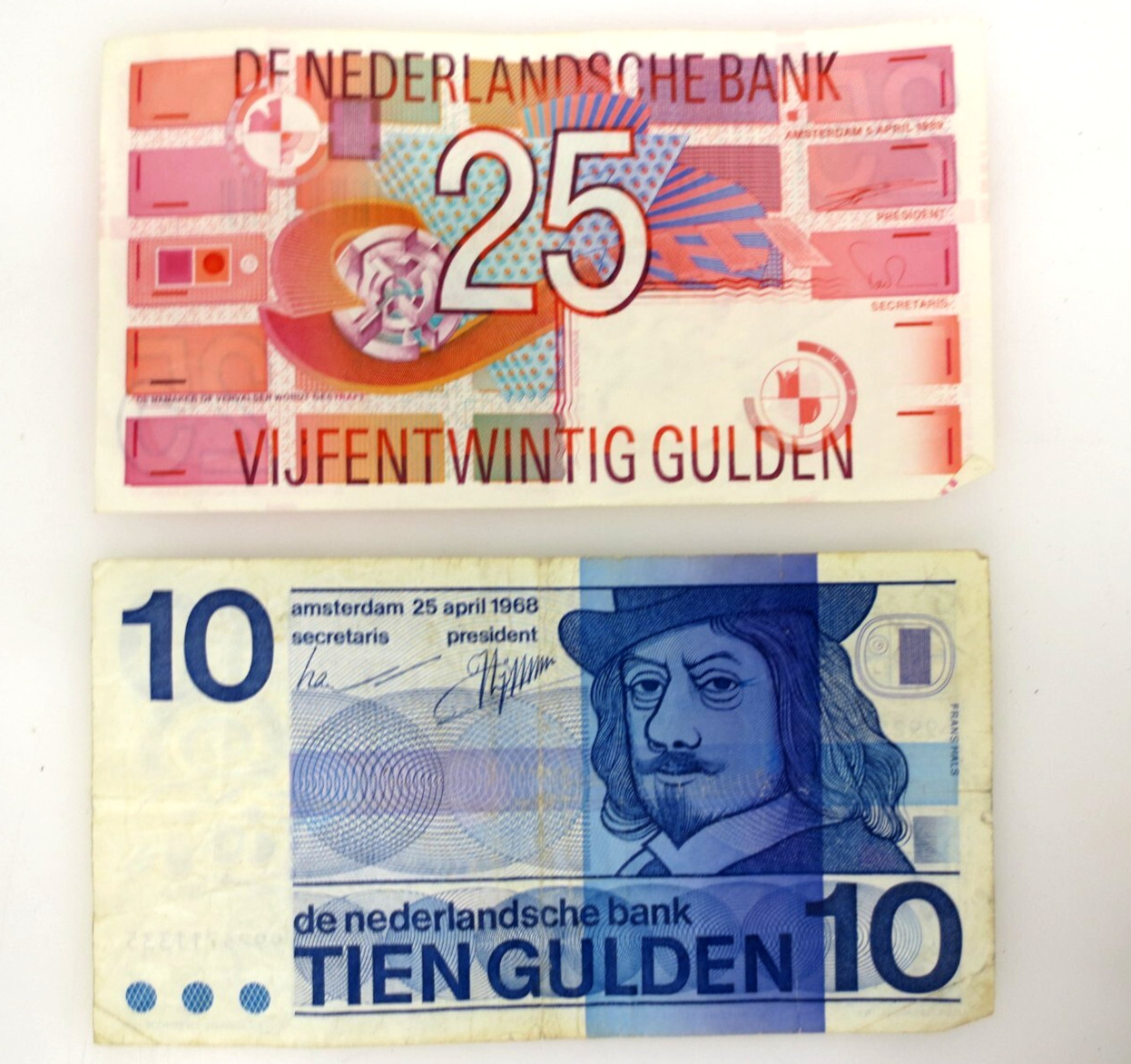 Netherlands De Nederlandsche Bank 10 + 25 Gulden Banknotes Single Bill Currency