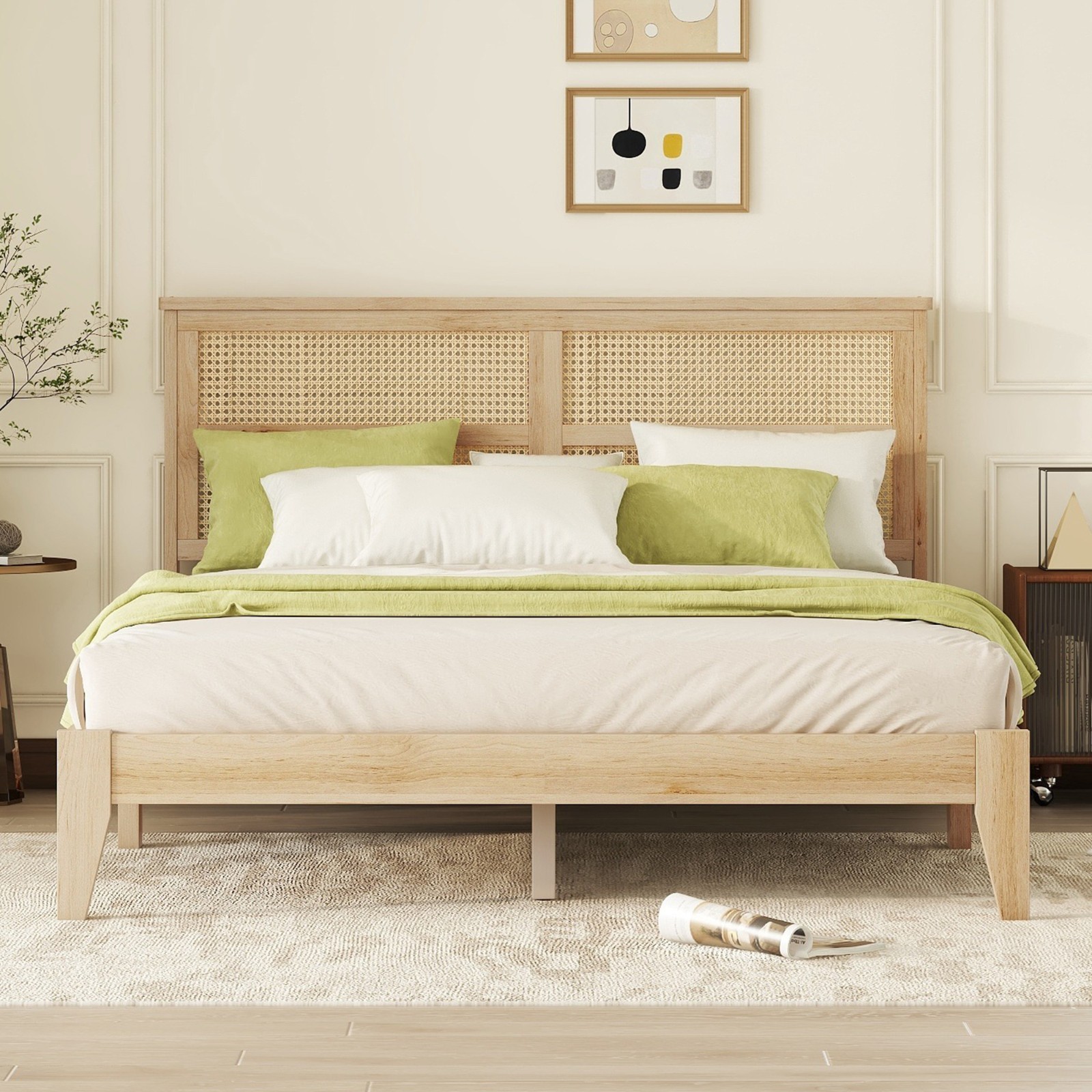 Queen King Full Size Rubber Wood Platform Bed With Rattan Headboard Slats Base